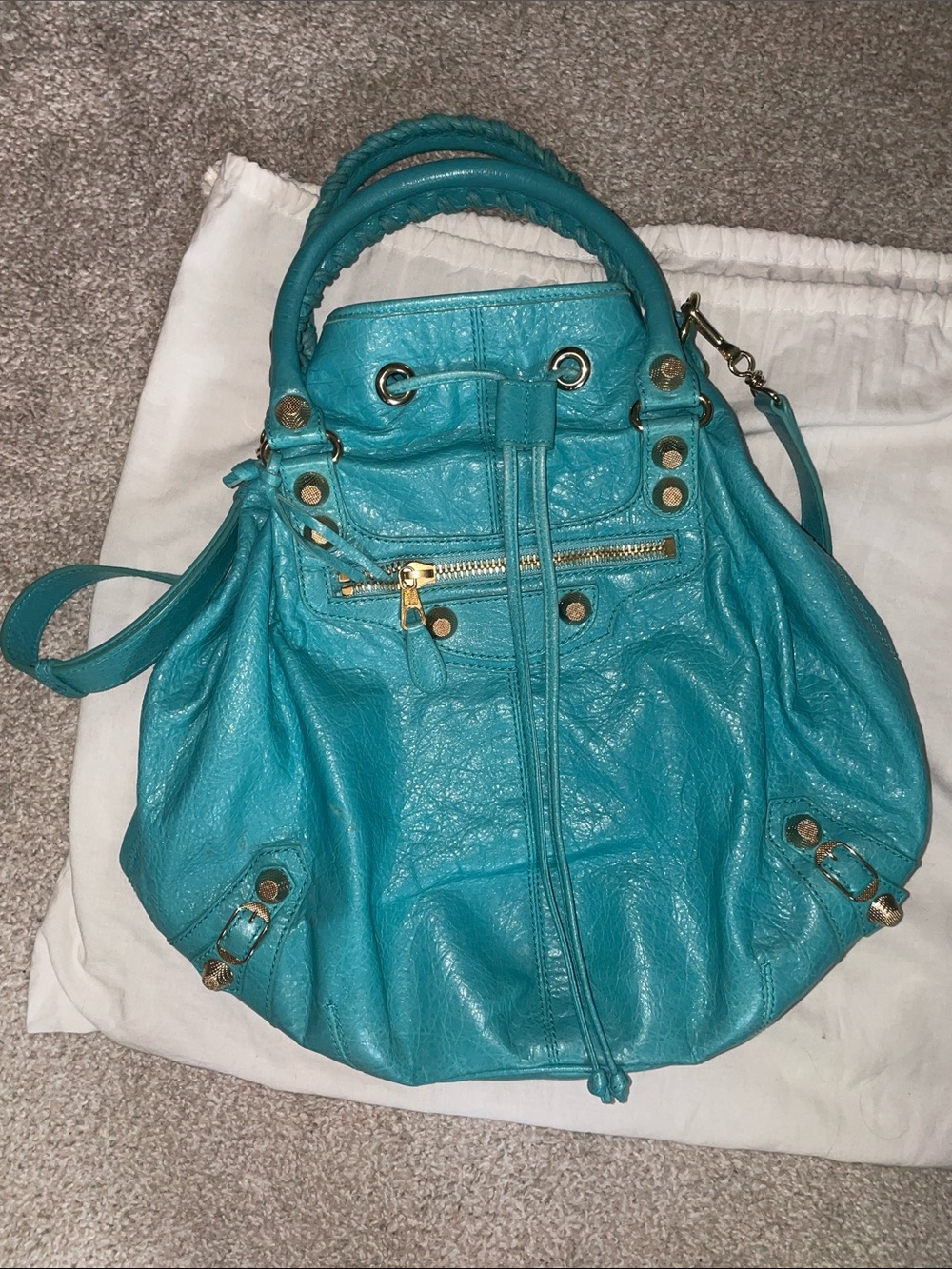 Balenciaga Giant 12 Bleu Tropical Pompon Drawstring Bag